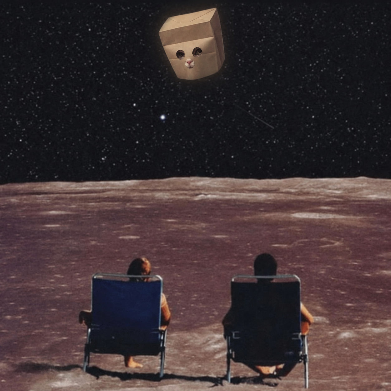 A cat wearing a brown paper bag floats above a lunar landscape while two people watch from folding chairs